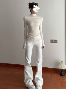 กางเกงยีนส์ทรงขาบานสีขาวทรงสลิมฟิตสำหรับผู้หญิง กางเกงขายาวทรงขาบาน ทรงหลวม ทรงลำลอง ทรงขาบาน ทรงสลิมฟิต ทรงขาบาน