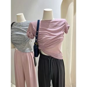Áo Thun Modal Màu Hồng Phong Cách Mùa Hè Cho Nữ Áo Ngắn Không Đều Tay Ngắn Dáng Ôm Cổ Tròn Chất Liệu Polyester