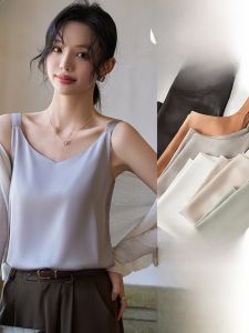 MiiOW | Áo ba lỗ lụa băng vai rộng cho nữ mùa hè Áo khoác ngoài thời trang chống ánh sáng lấp lánh Áo sơ mi công sở thường ngày