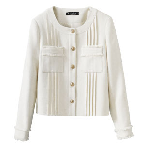 MIXABO Short Chic Style Womens Jacket Casual Long Sleeve Fringed Open Cardigan Commute Top Polyester Blend round Neck Single Button