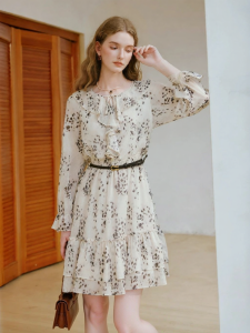 XIANGYING | Đầm Chiffon In Hoa Cổ điển cho Phụ nữ Kiểu A-Line Cổ V Dây Đai