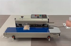 Automatic Commercial Plastic Bag Band Sealing Machine Horizontal Sealer with Printing Wheel 850W 220V Electric Continuous 0-16m/min 0.02-0.8mm for Food CE