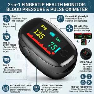 2IN1 Fingertip Oximeter Blood & Pressure Monitor Home HD LED BP Meter Finger Clip Portable Visual Pulse Saturation SpO2 Oxymeter