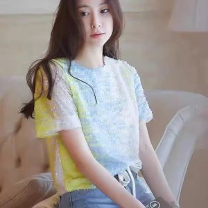 Women Sequin T-Shirt Hot Sale Summer Short Sleeves Tops Gradient Color Sequins Female Loose Tees T Shirt Pink