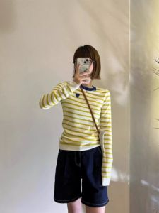 HUOLISI | Yellow Striped Long Sleeve Knitwear for Autumn Slim Fit Layering Shirt with Embroidery