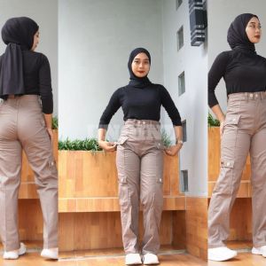 UNQIND - Celana Cargo Wanita Highwaist Korean Style Empat Saku Tutup Satin Premium