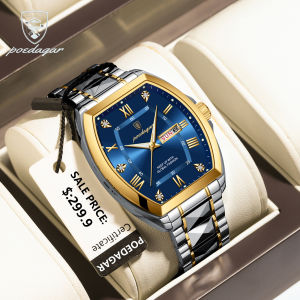 POEDAGAR Watch for Men Original Tonneau Dial Waterproof Luminous Date Week Display Stainless Steel Sports Clock