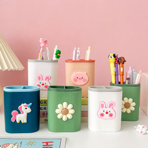 Student Cartoon Pen Holder Multi-Grid Storage Box Desktop Organizer Stationery Cosmetic Brush Storage Tube round Shape Plastic