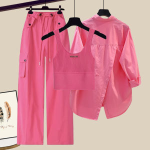 Fashionable Three-Piece Set Womens Clothing Spring Summer Rose Red Vest Shirt Workwear Pants Long Sleeve round Neck Button up