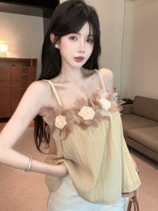 GUZILIAN | Áo ba lỗ hở vai ngắn ngọt ngào tươi mới thời trang mùa hè mới cho nữ Áo ngực họa tiết hoa ba chiều gợi cảm Áo vest cổ tròn