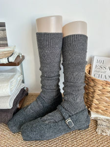 Tất Ống Dài Dệt Kim Dày Màu Xám Đậm Cho Nữ Ấm Áp Đa Năng Phong Cách Retro Mùa Thu Đông Tất Ống Dài Đến Bắp Chân