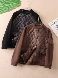 แขนยาวบุขน ~ เสื้อโค้ทสั้นเพิ่มความหนาแฟชั่นสไตล์เกาหลีฤดูใบไม้ร่วงผ้าฝ้ายลายตารางเสื้อแจ็คเก็ตคอตั้งลำลองสำหรับผู้หญิง w1609