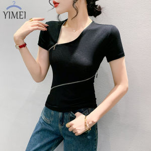YIMEI Áo Cotton Màu Đen Có Khóa Kéo Áo Thun Nữ Dáng Ôm 2023 Thời Trang Nữ Xiên Ngắn Tay Lưới Mới Mùa Xuân Áo Phông Cổ Chữ V