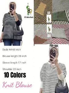Baju Lengan Panjang Knit Wear Memeri Corak Jalur Striped Casual Fashion Round Neck Tutup Pinggul Muslimah Blouse