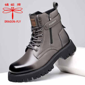 Mens Winter High-Top Martin Boots Thermal Cotton Shoes Heightening Leather Wool Warmth Youth Trend Korean Style Zipper Closure