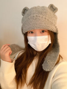 Sweet Cute Bear Ear Knitted Woolen Hat for Women Autumn Winter Warm Ear Protection Large Head Size Versatile Face Slimming Hat