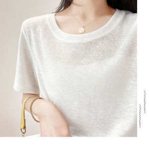 เสื้อยืดคอกลมแขนสั้นผ้าไหมน้ำแข็งสีขาวสำหรับผู้หญิง เสื้อแขนสั้นบาง ใส่สบาย ระบายอากาศได้ดี แฟชั่นฤดูร้อน เสื้อผ้าทำงานสไตล์เกาหลี