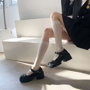 Womens Summer Spring Cotton Socks Black Jk Bow Sweet Mid-leg Calf Socks Sweet Style Girls Gift Thin White Lolita Lace Stocking