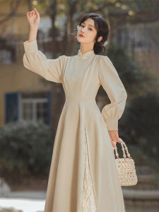 Elegant Long Sleeve Chinese National Style Dress Womens Autumn Winter High Waist A-Line Dress Skin-friendly Breathable