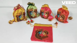 Traditional Radha Krishna Print Potli Bags | Satin Drawstring Pouches for Wedding Return Gifts Pooja & Festive Gifting (Size - 9*7 inch | Pack of 1)