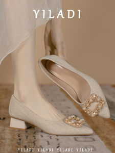 French Style Pearl Embellished Chunky Heel High Heels Womens Shoes Spring Summer Fashionable Slip-On Pointed Toe Shoes