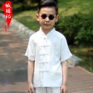 Niantuji Chinese Style Childrens Tang Suit Boys Summer Cotton and Linen Short Sleeve Top Childrens Han Chinese Costume Retro Outfit Childrens Clothing