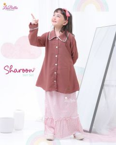 oneset atasan +rok sharoon labella ada saku setelan kemeja hem polos plain kerah kancing depan lengan panjang rok pinggang karet anak perempuan 5 6 7 8 9 10 11 12 tahun biru coral dusty pink