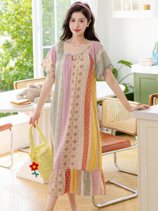 plus Size Silk Cotton Pajama Dress Womens Summer Thin Short Sleeve Artificial Cotton Nightgown Sweet Home Clothes Floral Print
