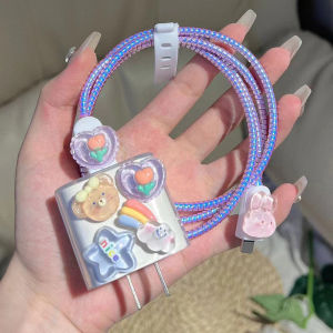 5pcs Charger Cable Protective Case Set Cartoon Rainbow Bear Charger Head Cord Winder Protective Cover For iPhone 16 17 18W/20W