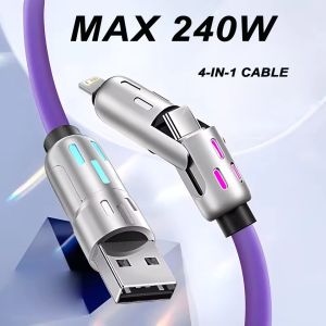 4 in 1 240W USB-C Cable Zinc Alloy Luminous PD Fast Charging Data Sync Anti-Tangle With RGB Light For iPhone Xiaomi Samsung 2M Data Cord
