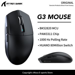 ATTACK SHARK | G3 ATTACK SHARK Bluetooth Wireless Mouse PAW3311 Chip BK52820 MCU 80 Million Switch and 1000Hz Polling Rate for Wired/2.4G/BT