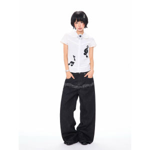 MKGO | Retro Musical Note Embroidery Loose Flare Denim Jeans