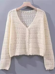 เสื้อคาร์ดิแกนถักไหมน้ำแข็งแขนยาวคอวีแขนยาวสำหรับผู้หญิงไซส์ใหญ่ในช่วงฤดูร้อน ผ้าฝ้ายผสมโพลีเอสเตอร์ ทรงหลวม ปกโปโล