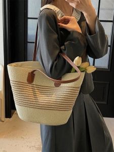 Summer Casual Beach Straw Woven Shoulder Bag Womens Fashionable Tote Bag Ladies Backpack Black Stripe New 2025 Model