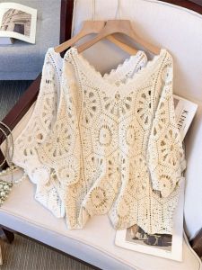 Áo Bolero Knit V-Neck Hoa Văn Ren cho Phụ Nữ Plus Size Mùa Xuân và Hè