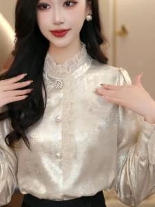 French Style Long Sleeve Loose Womens Shirt Luxury Sensation Court Style Layered Wear with Lace Trim Elegant Atmosphere