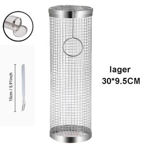 BBQ Basket Stainless Steel Rolling Grilling Basket Wire Mesh Cylinder Grill Basket Portable Round Outdoor Camping Barbecue Rack