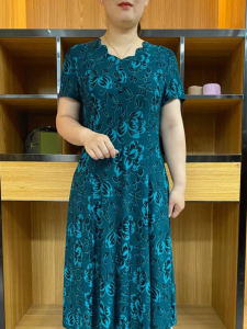 Elegant V-neck Short Sleeve Embroidered Dress Slimming A-line Midi Skirt for Middle-aged Women Summer Fashionable Dresses
