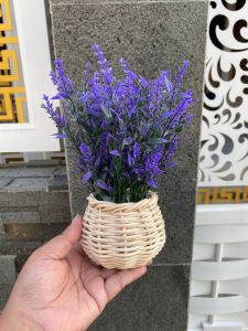 Lavender Waterweed + Pot Rotan ( Sudah Rangkaian ) Bunga Artificial