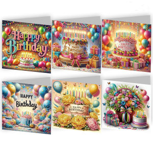6-piece DIY Diamond Painting Birthday Card Set featuring unique flower balloon and pattern designs with rhinestone diamond p