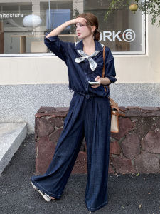 Loose Fit Denim Blue Lazy Style Slimming Womens Set Autumn New Outerwear Wide Leg Pants Two Piece Set Casual Style Jacket