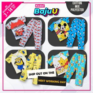 ✅【Kedai BajuU】3-14yrs old Cars┃Minion┃Mickey┃Winnie the pooh┃Children Kids short sleeve tshirt + long pant┃cotton poly