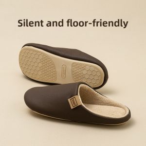MONLEYTA | Japanese Mens Soft Bottom Floor Cotton Slippers Autumn Winter Anti-Slip Home Warmth Household Noiseless Waterproof PU Leather