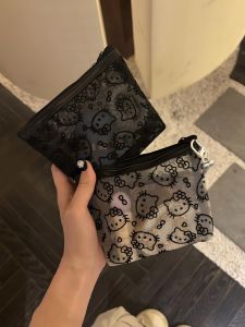Adorable Transparent Mesh KT Cat Makeup Bag Large Capacity Portable Travel Document Storage Bag Womens Cosmetic Bag Storage