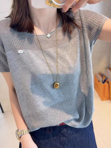 Slim Hollow out Knitted Top Short Sleeve Womens Fashionable Unique Grey Summer T-Shirt Comfortable Viscose round Neck Pullover