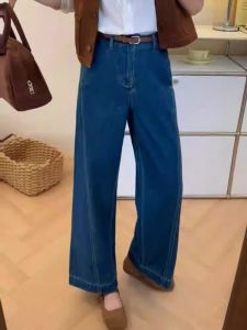 Niche Style Dark Blue High Waist Straight-leg Denim Womens Spring & Fall New Arrival Pear Shapes Slimming and Wide Leg Cropped Pants Ins