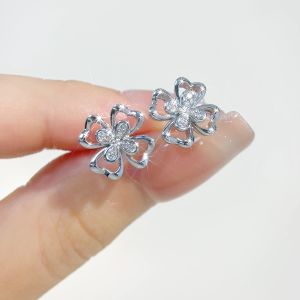 LAZO DIAMOND Four-Leaf Clover and Diamond Petals Stud Earrings in 9k White Gold