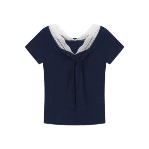 YUEZHONGWEI | French V-neck Lace Splice Butterfly Knot Belted Short Sleeve T-shirt Women Summer Slim Fit Short Top Commute Style Korean Brand