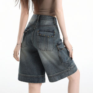 QIAOMIDUO | Rivets Denim Shorts High Waist Vintage Style
