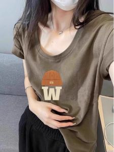 Cafe Au Lait U-Neck Short Sleeve T-Shirt Womens Summer New Style Loose Fit Low Neck Half Sleeve Top Korean Version Creative Print